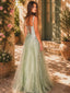 Grün 1930er Spaghetti Träger Spitze Tüll Maxi Kleid