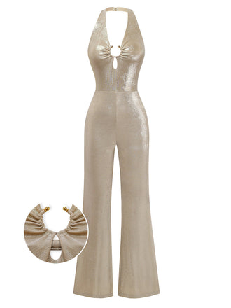 Khakifarbener, metallisch schimmernder Jumpsuit im Vintage-Stil mit ausgestelltem Rock, tiefem V-Ausschnitt am Neckholder und offenem Rücken – ideal für 80er-Jahre-Partys, Tanzflächen und festliche Anlässe.