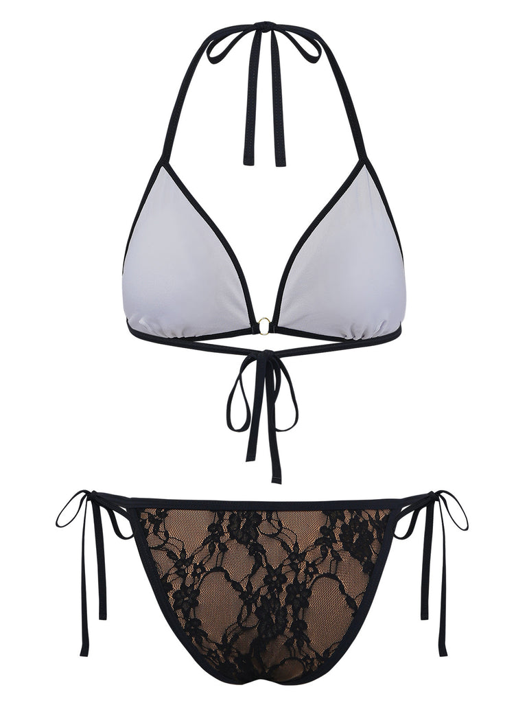 Rückansicht des Bikini-Oberteils aus Spitze, bei der das weiße Innenfutter und die verstellbaren Bänder hervorgehoben werden.