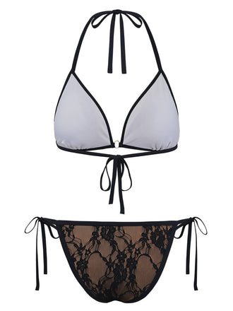 Rückansicht des Bikini-Oberteils aus Spitze, bei der das weiße Innenfutter und die verstellbaren Bänder hervorgehoben werden.