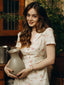 Beige 1940er Baumwolle Puffärmel Revers Blumen Kleid