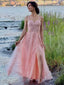 Rosa 1930er Spaghetti Träger Spitze Tüll Maxi Kleid