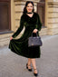 Grün 1950er Schlüsselloch V-Ausschnitt Perle Samt Kleid