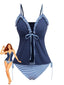 Marineblau 1950er Rüschen Gestreift Knoten-Detail Tankini-Set