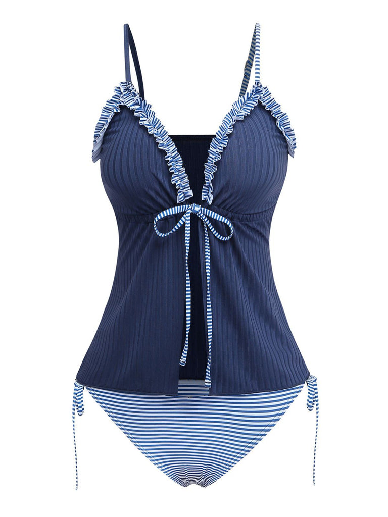 Marineblau gestreifter Tankini mit Rüschenoberteil zum Binden vorne im Vintage-Bademodenstil der 1950er Jahre.