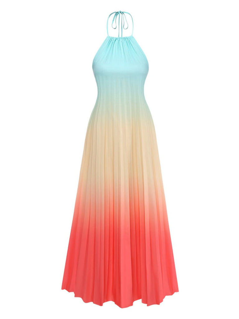 Mehrfarbiges 1930er Neckholder Gradient Plissiertes Maxikleid