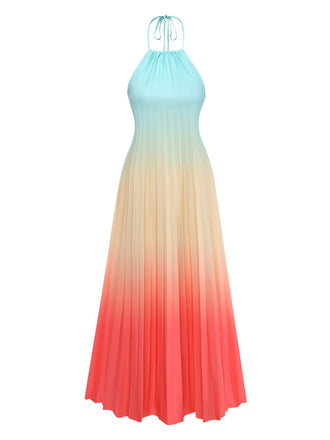 Mehrfarbiges 1930er Neckholder Gradient Plissiertes Maxikleid