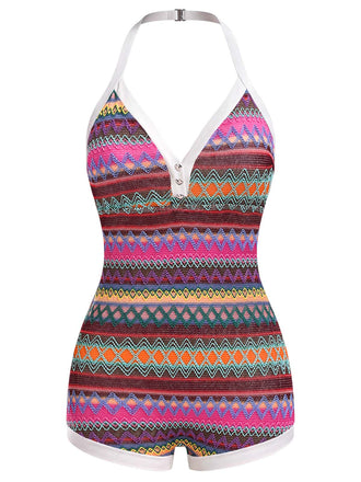 Mehrfarbiger 1950er-Badeanzug mit gestricktem Neckholder