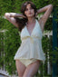 Hellgelb 1950er Strukturiert Blumen Halter Tiefer V Tankini Set