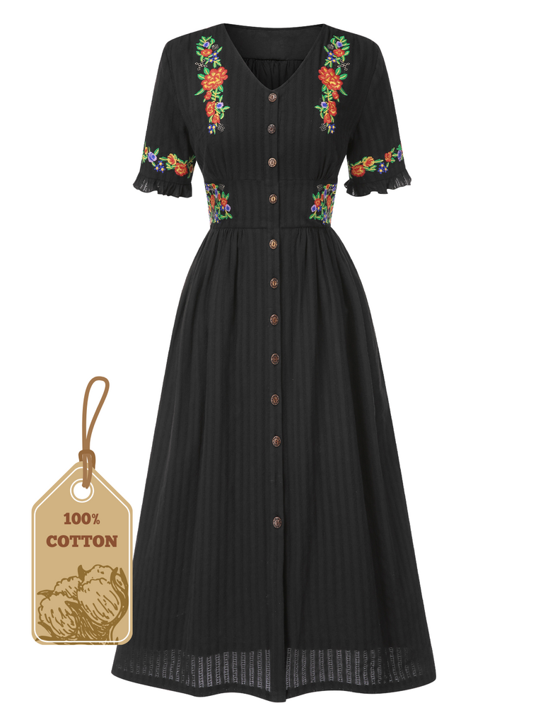 Grün 1940er V-Ausschnitt Knöpfen Baumwolle Blumen Kleid