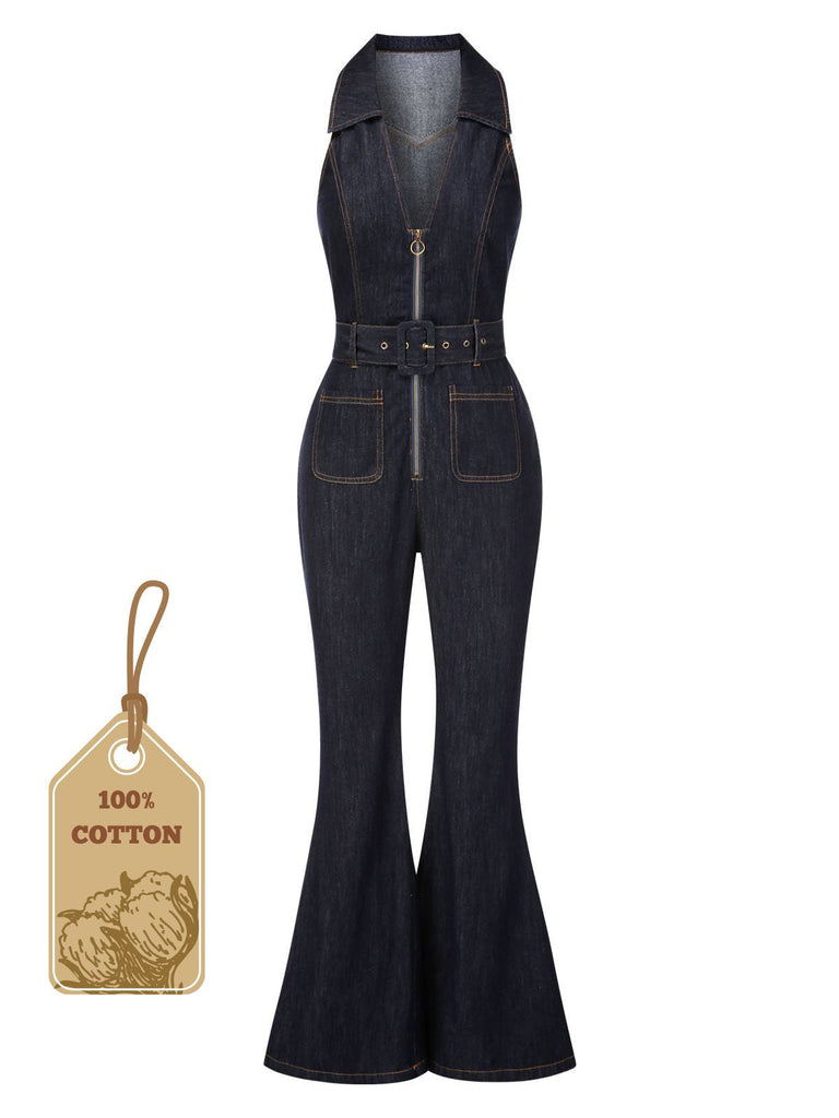 Blau 1970er Baumwolle Denim Ausgestellter Jumpsuit