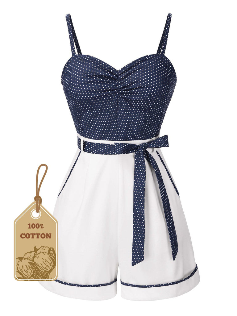 Blau 1940er Polka Dot Patchwork Träger Romper