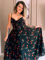 Schwarzes 30er Slip-Kleid mit Rosen und V-Ausschnitt