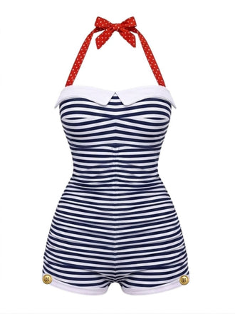 A retro-style navy blue and white horizontal striped one-piece swimsuit featuring a red polka dot halter neck tie and a white collar detail.