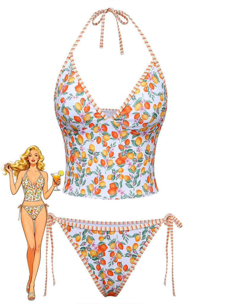 Orangefarbenes Tankini-Set mit Fruchtmuster im Stil der 1950er Jahre mit Haltertop