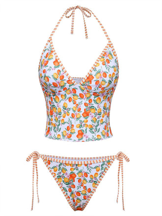 Orangefarbenes Tankini-Set mit Fruchtmuster im Stil der 1950er Jahre mit Haltertop
