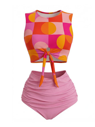 Orangefarbenes Tankini-Set mit geometrischem Muster im Stil der 1960er Jahre und hohem Bund