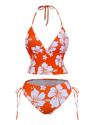 Orange 1970er Tropisch Blumen Halter Tankini Set