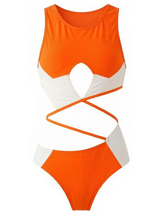 Orange 1980er Farbblock Color One Piece Bademode