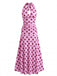 Pfirsichrosa Polka-Dot-Midikleid im Stil der 1930er Jahre mit V-Ausschnitt und Neckholder, Größe 3