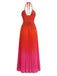 Rotes Maxikleid im Stil der 1930er Jahre mit Farbverlauf, Neckholder, Falten und Cut-outs, Rückansicht