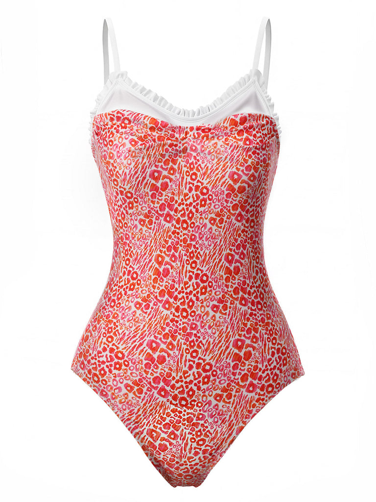 Roter, neonfarbener Leoparden-Rüschen-Badeanzug aus den 1950er Jahren, Vorderansicht