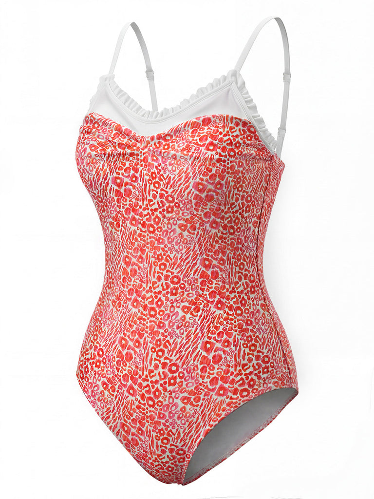 Roter, neonfarbener Leoparden-Rüschen-Badeanzug aus den 1950er Jahren, Seitenansicht