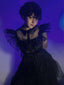 Schwarz 1950er Halloween Wednesday ballkleid Organza Rüschen Revers Kleid