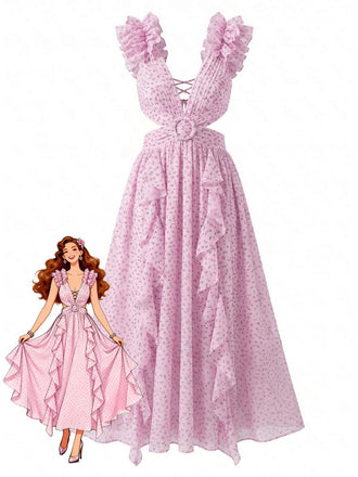 Rosa Chiffonkleid im Stil der 1930er Jahre mit Blumenmuster, Rüschen und V-Ausschnitt