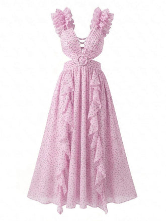 Rosa Chiffonkleid im Stil der 1930er Jahre mit Blumenmuster, Rüschen und V-Ausschnitt