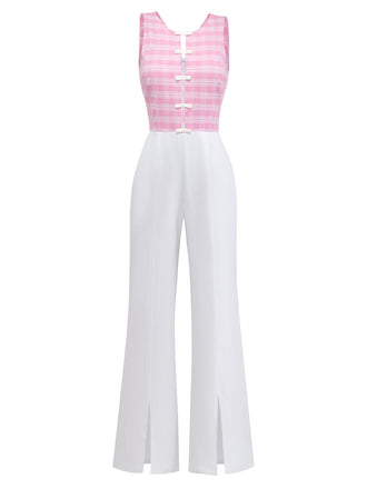 Rosa 1940er Kariert Cutout Ärmellos Split-Leg Jumpsuit