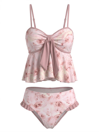 Rosa 1950er Blumen Rüschen Tankini Set