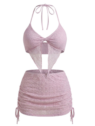 3-teiliges Rosa 1950er Halter-Plissiertes Twist Bikini-Set & Überwurf