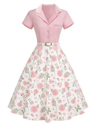 Rosa 1950er Rose Reverskragen Farbblock Kleid