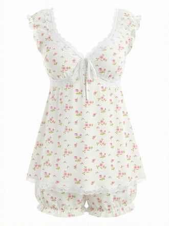 Rosa 1950er Ditsy Blumen Spitzenbesatz Rüschen Pyjama-Set
