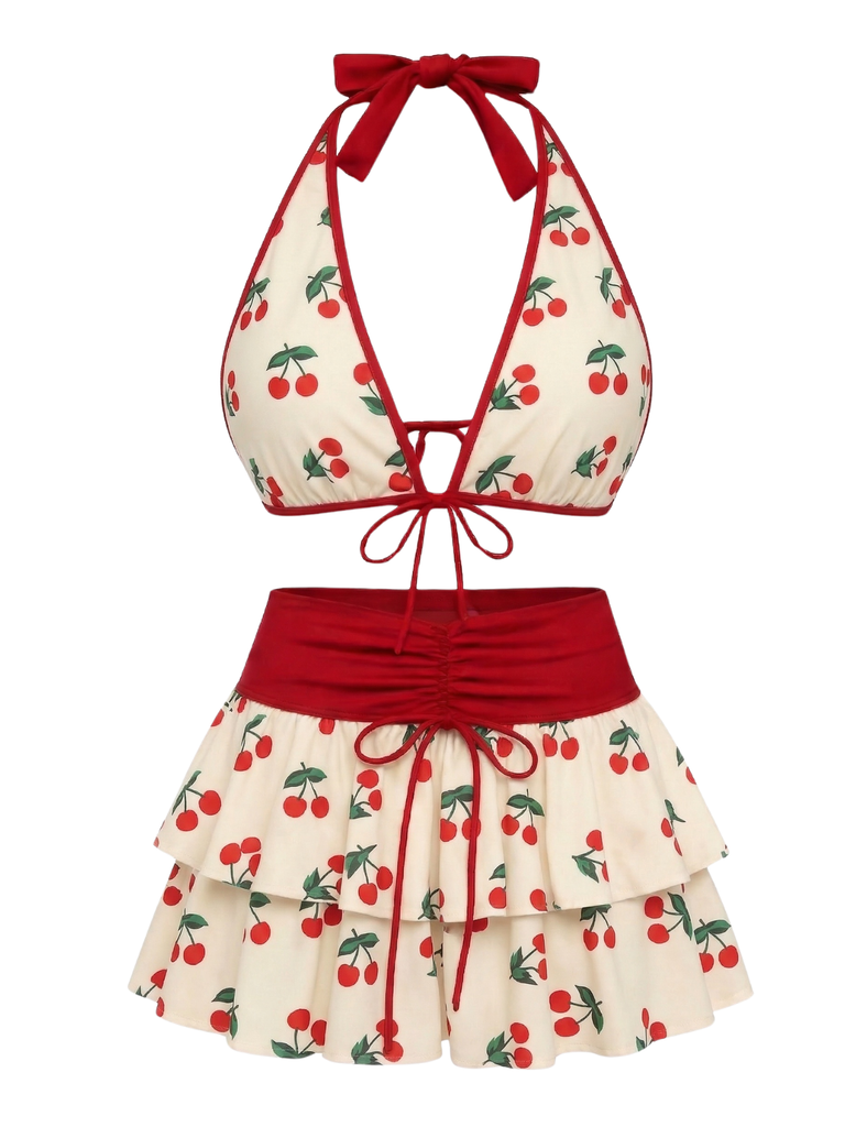 Rosa 1960er Kirsche Muster Mehrlagig Bikini Set