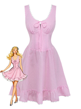 Kurzes, pinkfarbenes Kleid im Stil der 1960er Jahre mit Schleife, Spitze und Spaghettiträgern