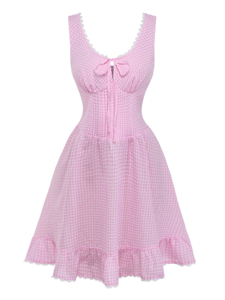 Rosa 1960er Schleife Spitze Vichy-Karo Schnürung Kleid