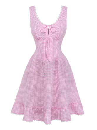 Rosa 1960er Schleife Spitze Vichy-Karo Schnürung Kleid