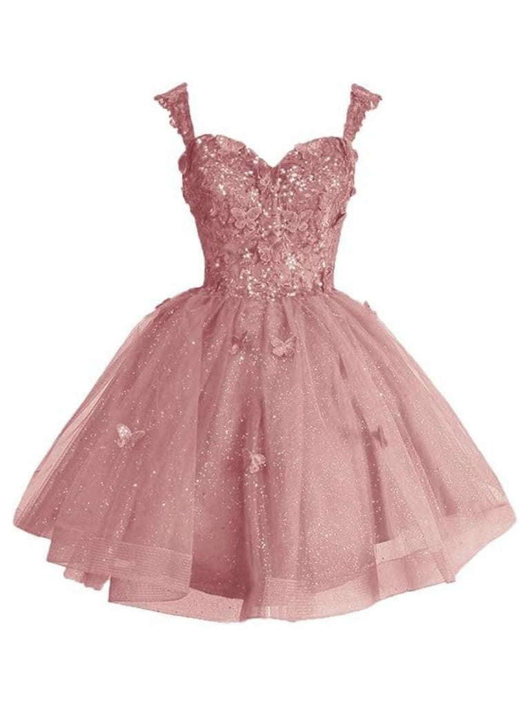 Retro-Minikleid in Rosa mit Schmetterlingsmuster, Glitzertüll und wandelbarem Herzausschnitt, ideal für Homecoming-Partys und besondere Anlässe.