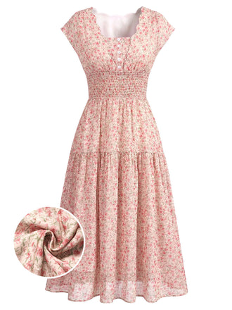 Rotes Chiffonkleid mit Blumenmuster und Raffungen im Stil der 1940er-Jahre – Vintage-Kleid, Retro-Mode, elegantes Rot