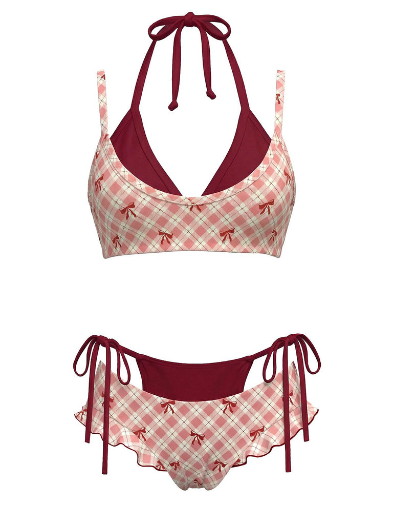 Retro Stage rot-kariertes Neckholder-Bikini-Set mit zwei Lagen und Schleifendetails für einen Vintage-inspirierten Bademoden-Look
