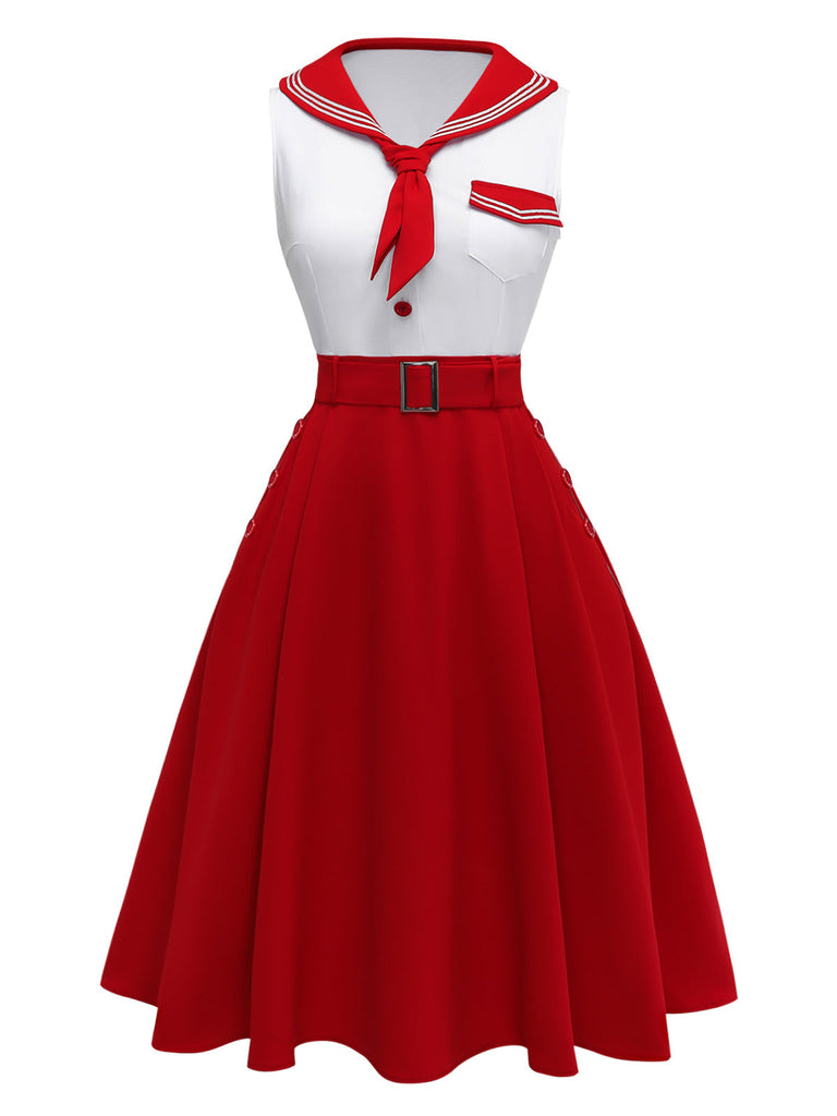 Rot 1950er Sailor Collar Gürtel Ärmellos A-Linie Kleid