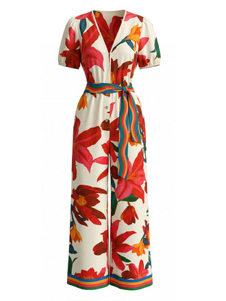 Roter Blumen-Jumpsuit aus den 1980er Jahren mit kurzen Ärmeln, weitem Bein und Gürtel