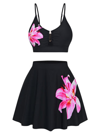 Schwarzes Tankini-Set mit Blumen-Metallschnalle aus den 1940er Jahren