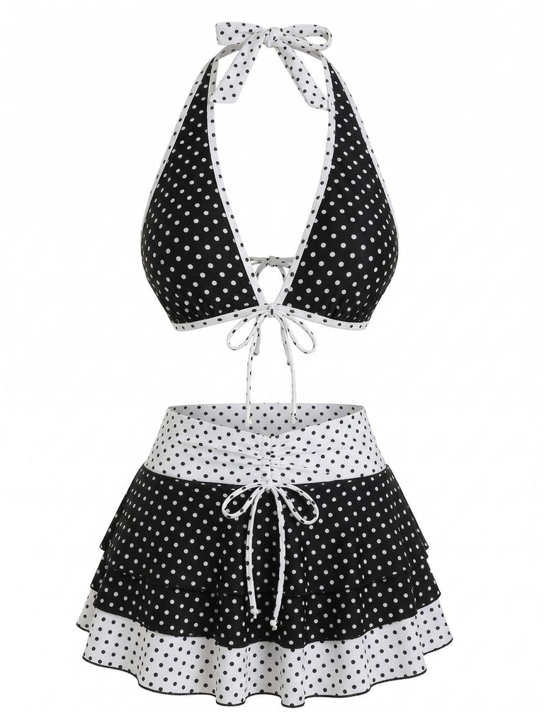 2-teiliges Schwarz 1940er Polka Dot Neckholder Bikini-Set & Überwurf