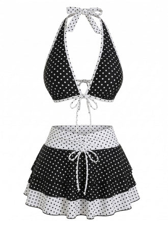 2-teiliges Schwarz 1940er Polka Dot Neckholder Bikini-Set & Überwurf