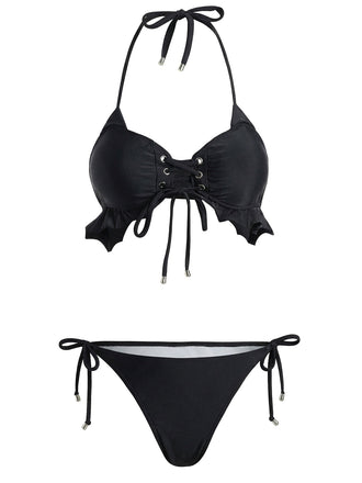 Schwarzes 1950er Bikini-Set mit Neckholder, Schnürung und Rüschensaum