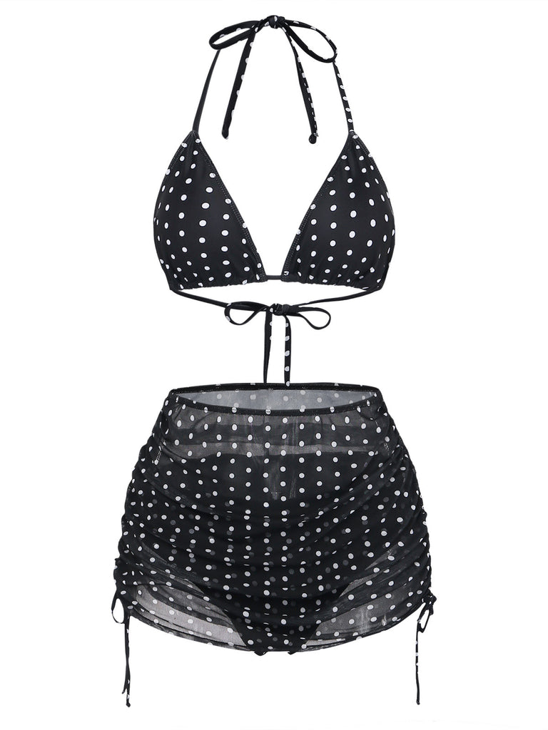 Schwarzes Tankini-Set im Stil der 1950er Jahre mit Raffungen, 7-teilig