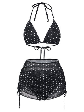 Schwarzes Tankini-Set im Stil der 1950er Jahre mit Raffungen, 7-teilig